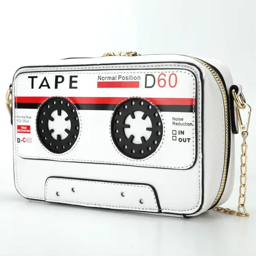 Vista 2 de QiMing Bolso de noche con forma de cinta retro, bolso cruzado de casete de audio de PU para mujer