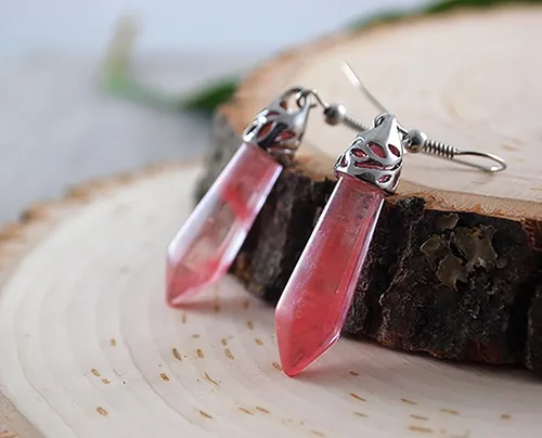 Vista 2 de Aretes de cuarzo rosa, piedra rosa natural, plata, gota y colgante, cristal real colgante, joyería hecha a mano, hipoalergénica, piedra de amor