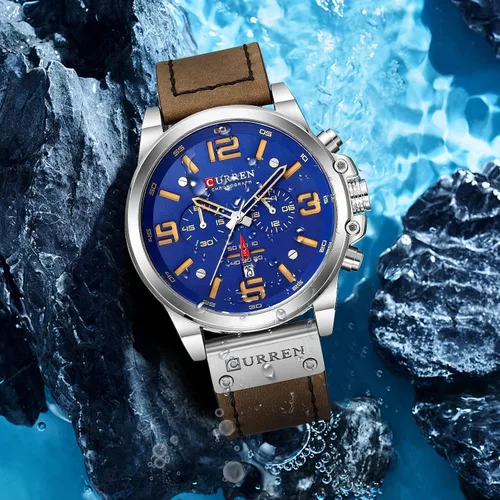 Vista 4 de Reloj de acero inoxidable con correa de cuero, estilo clásico, casual, resistente al agua, cronógrafo, fecha, y cuarzo analógico