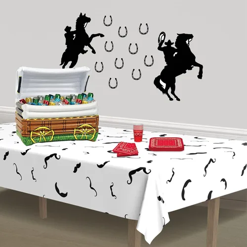 Vista 5 de Beistle Juego de 2 fundas de plástico rectangulares para mesa con bigote para decoración de vajilla con temática occidental, blanco/negro, 54 x 108