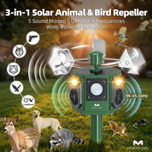 Vista 2 de Repelente ultrasónico de animales para exteriores, alimentado por energía solar, sensor de movimiento, ardilla, gato, ciervo, pájaros, dispositivos
