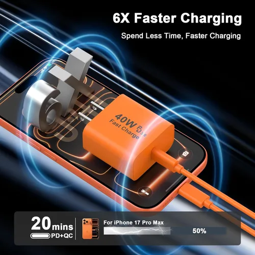 Vista 3 de [Certificado MFi de Apple] Cargador para iPhone 17 Pro Max de carga rápida, bloque de carga USB C de 40 W con cable de carga tipo C extra largo