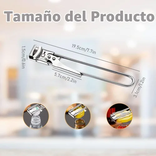 Vista 2 de Abrelatas de acero inoxidable ajustable 2026, multifuncional, de acero inoxidable, agarrador de tapa de frasco, herramienta de cocina para manos