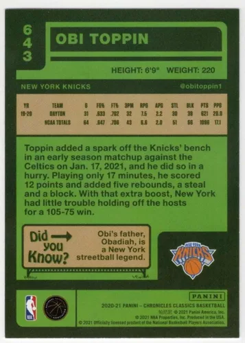 Vista 2 de OBI TOPPIN RC 2020-21 Panini Chronicles Classics #643 ROOKIE NM+-MT+ NBA Basketball Knicks