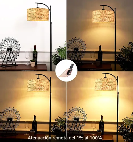 Vista 2 de QIYIZM Lámpara de pie para sala de estar, dormitorio, estilo granja, arco, ratán, boho, lámpara de pie con control remoto regulable, pantalla