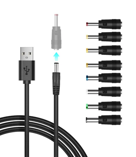 Vista 4 de Cable de alimentación de 5 V CC, cable de carga USB a CC de 0.217 x 0.083 in con 8 conectores adaptadores para altavoz, enrutador, luz LED, lámpara
