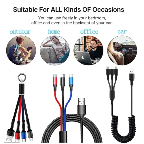Vista 6 de Juego de cables de carga USB multifunción, paquete de 3 cables trenzados de nailon 3 en 1, múltiples cables de carga rápida para el hogar, oficina