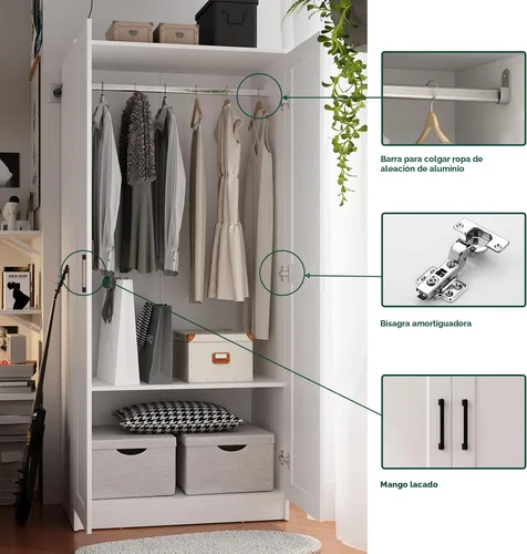 Vista 4 de Fddevelop Fenghua Lizhi Armario Guardarropa de Madera Blanca con 2 Puertas, Armario Independiente para Dormitorio con Estantes, Combinación