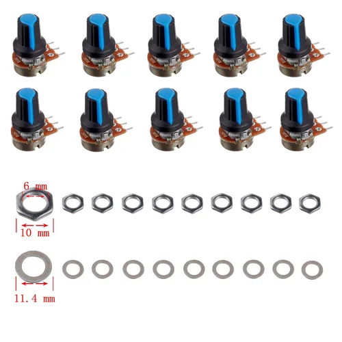 Vista 4 de BOJACK 10 juegos de eje moleteado B10K 3 terminales Potenciómetro giratorio cónico lineal (WH148) Resistencia variable de película de carbono de una