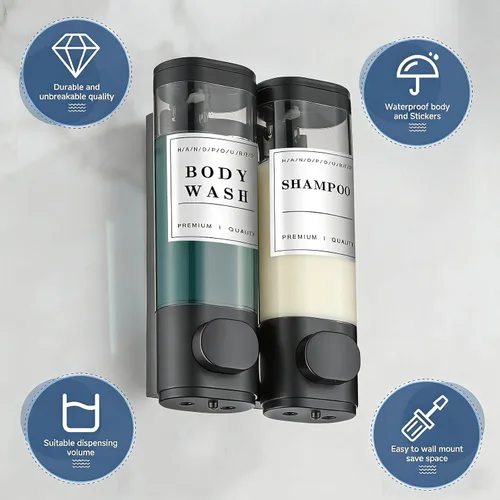 Vista 5 de Dispensador de champú y acondicionador de baño, dispensador de jabón de ducha montado en la pared, dispensador de champú para pared de ducha, sin