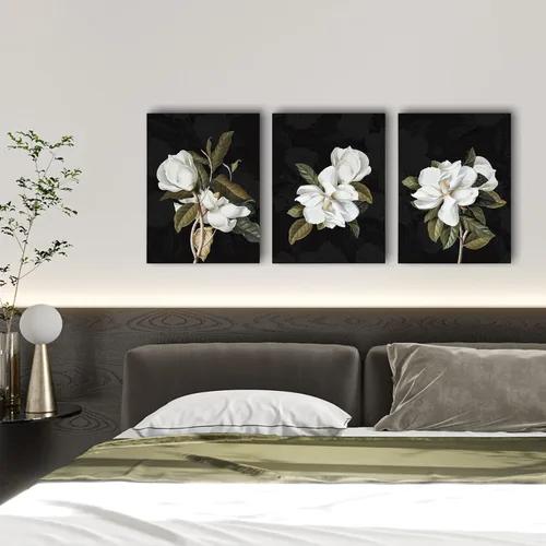 Vista 4 de ArtbyHannah Lienzo decorativo para pared, cuadros de flores, decoración de pared con magnolia blanca oscura, pintura floral para dormitorio, sala