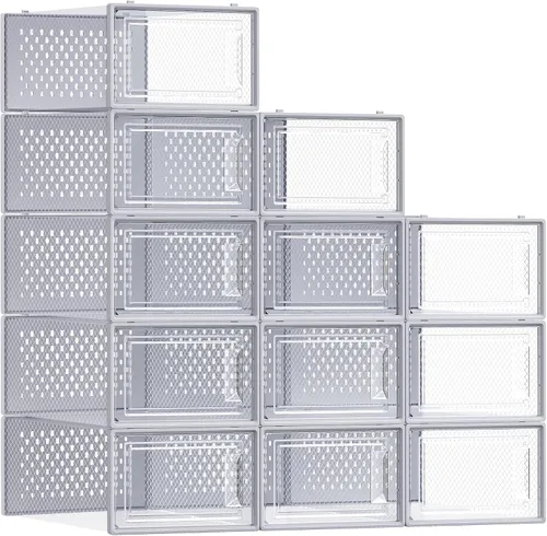 Vista 17 de SONGMICS Cajas de zapatos, paquete de 12 organizadores de almacenamiento de zapatos, cajas apilables de plástico transparente para armario, tenis