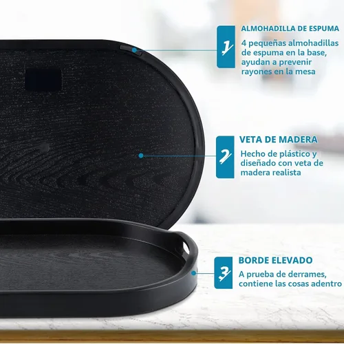 Vista 5 de MDLUU Bandeja de plástico para servir, bandeja otomana de 14.8 pulgadas de largo con asas recortadas, bandeja ovalada para mayordomo para desayuno