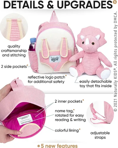 Vista 4 de Naturally KIDS Mochila para niños y niñas con animales de peluche, regalos para niños de 3, 4, 5, 6, 7 años, 04 Small Pink Triceratops, Viajar
