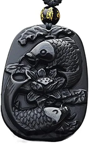 Vista 5 de Colgante de amuleto de obsidiana natural de Piscis con cadena ajustable de cuentas para Wen o mujeres