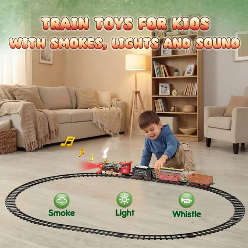 Vista 3 de Hot Bee Juego de tren – Juguetes de tren para niños con humo, luces y sonido, pistas, tren de juguete con locomotora de vapor, coches de carga