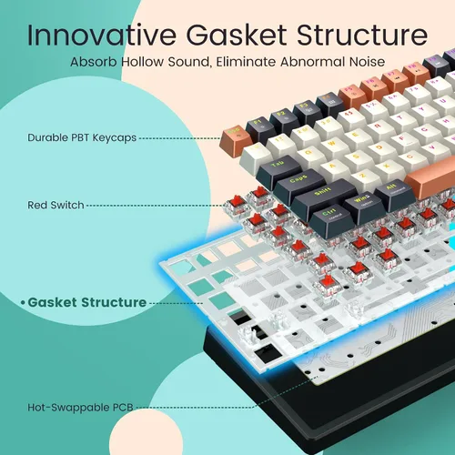 Vista 5 de RisoPhy Gasket - Teclado mecánico programable de 93 teclas con retroiluminación RGB, interruptor rojo intercambiable en caliente, teclado