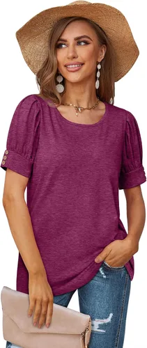 Vista 2 de Bofell Blusas plisadas de verano con mangas abombadas para mujer, blusas holgadas y elegantes