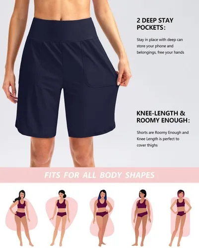 Vista 2 de Viodia Pantalones cortos de natación para mujer de 9 pulgadas de largo con bolsillos, cintura alta, trajes de baño de playa, hasta la rodilla