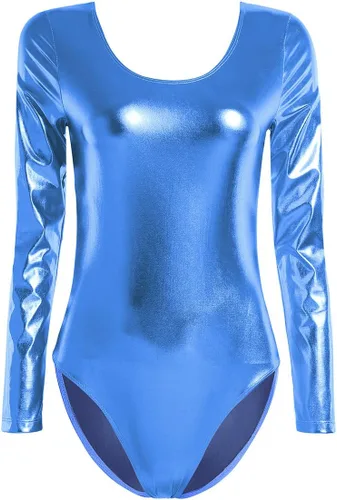 Vista 11 de FEESHOW Maillot de gimnasia de manga larga brillante metálico para mujer Negro