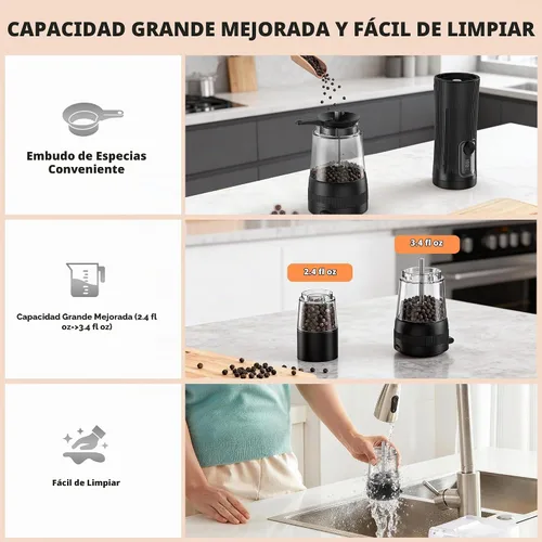 Vista 6 de Juego de molinillo eléctrico de sal y pimienta, ajuste mejorado de 2 velocidades, 5 grosores ajustables externos, molino automático recargable