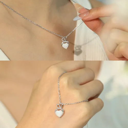 Vista 4 de FANCIME Collar de piedra natal de oro blanco sólido de 14 quilates con cadena de plata de ley, collar de corazón de piedras preciosas de 1.5