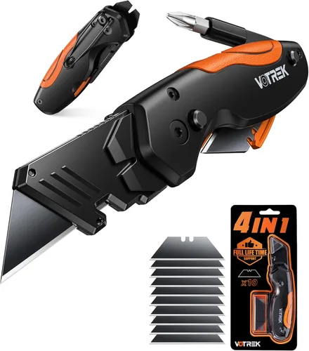 Vista 9 de Cuchillo utilitario plegable de 4 en 1, cuchillo de corte de caja multiherramienta con clip de cinturón, cuchillo de afeitar de cambio rápido