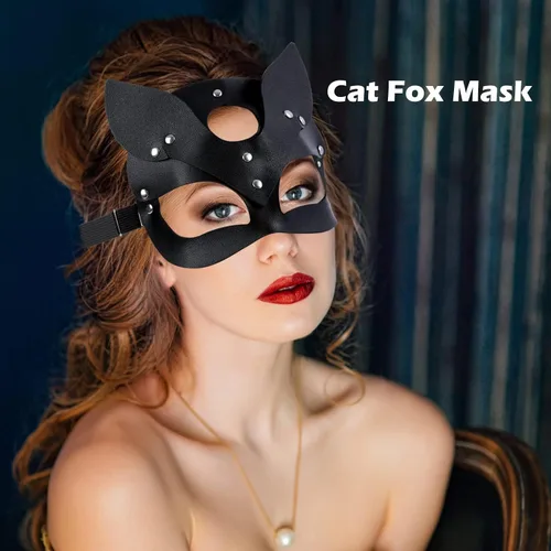 Vista 5 de Seglorwy - Máscaras de cuero para disfraz de conejo, zorro, gato, mujer, máscara sexy de piel sintética para fiesta de máscaras, Halloween, cosplay