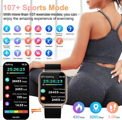 Vista 6 de Relojes inteligentes para mujer, contestar/hacer llamadas, reloj de seguimiento de actividad física de 1.83 pulgadas con monitor de frecuencia Negro