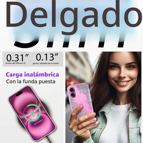 Vista 6 de Funda para iPhone 16, con protector de pantalla, linda para mujeres y niñas, funda protectora de grado militar de 10 pies para iPhone 16, funda
