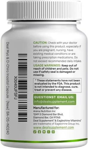 Vista 6 de Suplemento de Myo-Inositol y D-Chiro Inositol para Mujeres (40:1) 2,050 mg por Porción 240 Cápsulas Vegetarianas con Folato, Vitamina D3