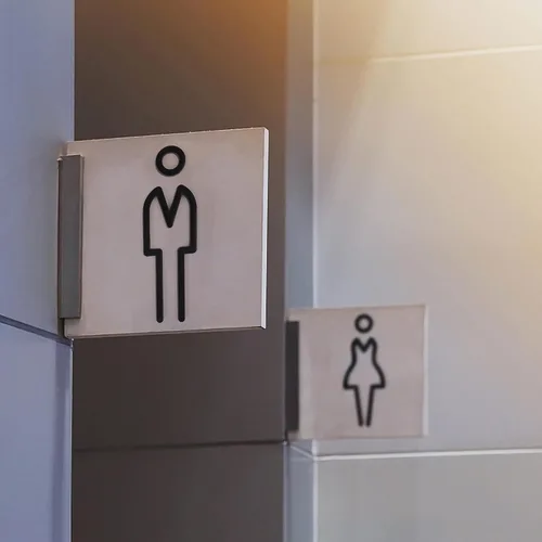 Vista 6 de Letrero de baño acrílico con respaldo adhesivo para hombres y mujeres, letreros de puerta de baño, letreros de baño para negocios, señalización