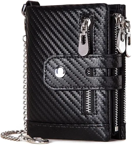 Vista 9 de boshiho Carteras de cuero auténtico con bloqueo RFID para hombre, billetera de doble pliegue con bolsillo para monedas con cremallera, con cadena