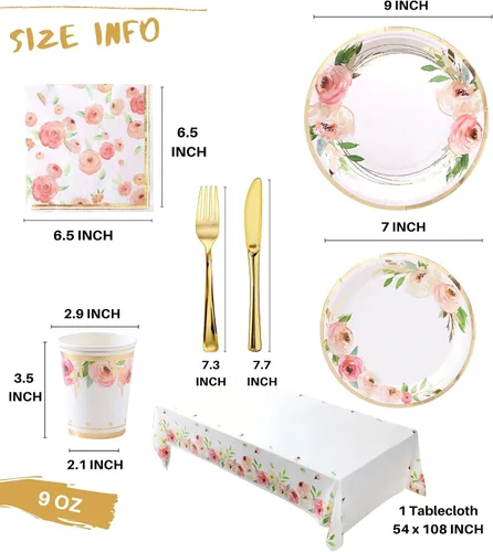 Vista 7 de Platos y servilletas de papel florales para fiesta - Sirve para 16 - Platos florales Tazas florales Cuchillos Tenedores Decoraciones de baby shower