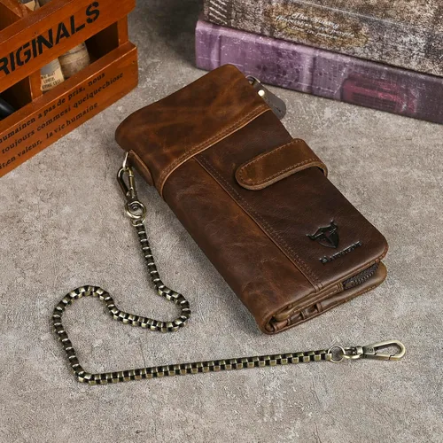 Vista 84 de Genuino Caballo Loco Cuero Regalo de Viaje Moneda Bolsillo Tarjetero Organizador Largo Cadena Rfid Cartera Monedero Con Broche Para Hombres Hombres