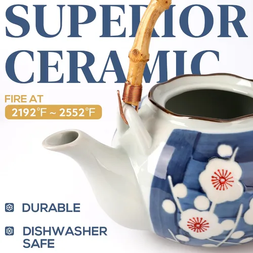 Vista 3 de Juego de té japonés, juegos de té de porcelana de estilo japonés para adultos, 1 tetera de cerámica con asa, 1 filtro de té de acero inoxidable y 4