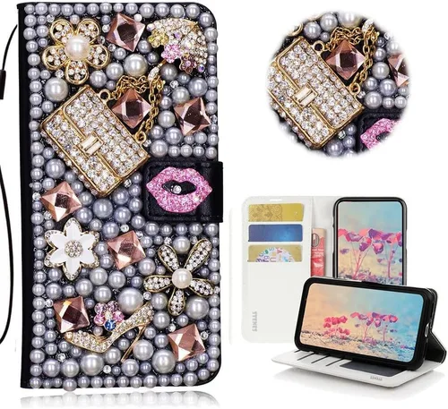 Vista 5 de Bling Wallet - Funda de piel compatible con iPhone 11, elegante, hecha a mano en 3D, diseño de mariposa, rosas, flores y diamantes de imitación
