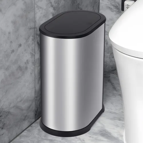 Vista 9 de Anzoymx Botes de basura de baño de acero inoxidable de 1.8 galones, bote de basura pequeño con tapa emergente, papelera estrecha de metal, juego