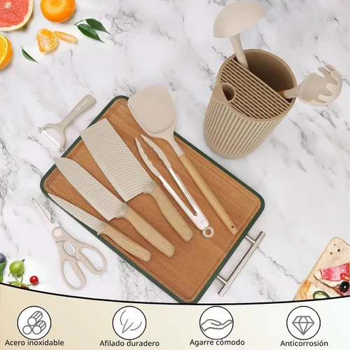 Vista 2 de Juego de cuchillos de cocina profesionales de 10 piezas con bloque universal de cuchillos, herramientas de cocina antiadherentes resistentes al Caqui