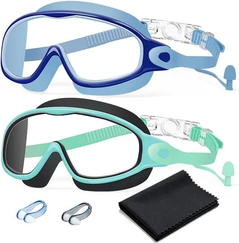 Vista 7 de Paquete de 2 gafas de natación antivaho, anti-UV, visión amplia, sin fugas, para niños de 3 a 15 años con tapones para los oídos