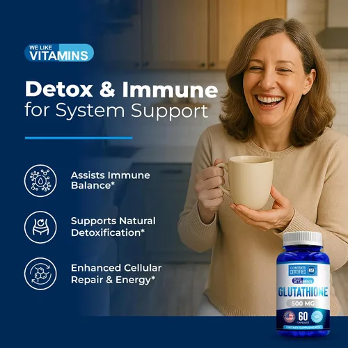 Vista 5 de We Like Vitamins Suplemento de glutatión certificado NSF 500 mg - 60 cápsulas de L-glutatión reducido para apoyo antioxidante e inmunológico
