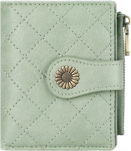 Vista 9 de FALAN MULE Billetera pequeña para mujer, plegable, con bloqueo RFID, portatarjetas de piel con bolsillo con cremallera para monedas Blanco/Marrón