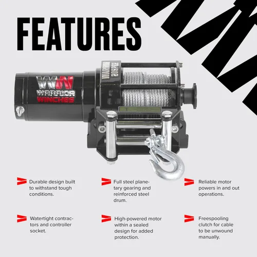 Vista 3 de Warrior Winches Ninja 2000 libras - Cabrestante eléctrico premium de 12V para ATV/UTV con cable de acero, compacto y potente de 12 voltios - Viene
