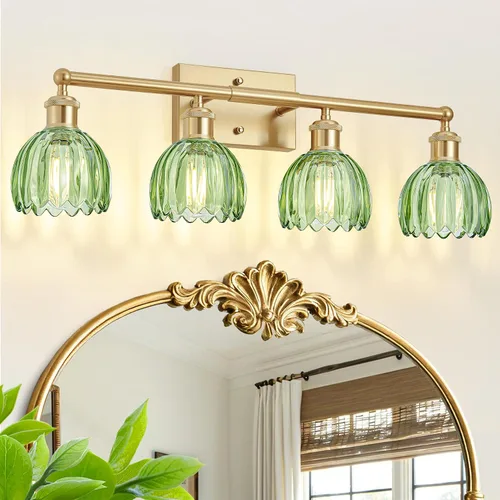Vista 11 de Lámparas de baño vintage, 2 luces rústicas de tocador para baño, pasillo, luces de tocador de latón de 16.5 pulgadas, lámparas de tulipán
