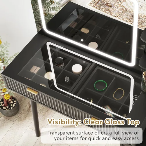 Vista 3 de 49“ Black Makeup Vanity Desk with Mirror and Lights, Wooden