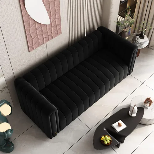Vista 8 de Sofá capitonado Chesterfield de terciopelo tapizado de 81 pulgadas de ancho, 3 plazas, cómodo sofá para sala de estar, dormitorio, oficina Negro