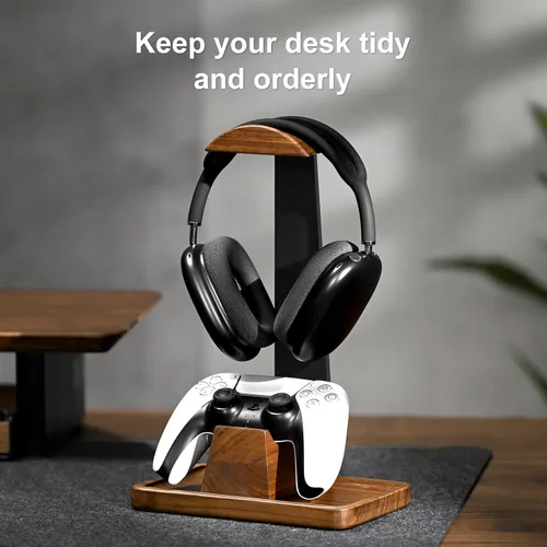Vista 3 de UPERGO Headset Stand with Gaming Controller Holder, Walnut Wood Headphone Stand with Storage Base, Gaming Equipment Accessories for Desk