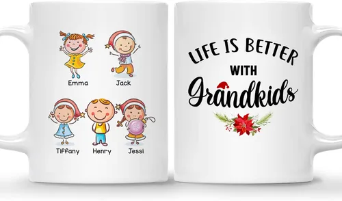 Vista 26 de Gossby Taza personalizada – GRANDKIDS MAKE LIFE MORE GRAND (1 niño) – Taza de café de cerámica de 11 onzas y 15 onzas para abuelos/abuelos – Idea