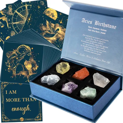 Vista 14 de Faivykyd Regalo de cristales de acuario para mujer, 6 piedras del zodiaco de acuario con 50 tarjetas de afirmación de mantras milagrosos, regalos