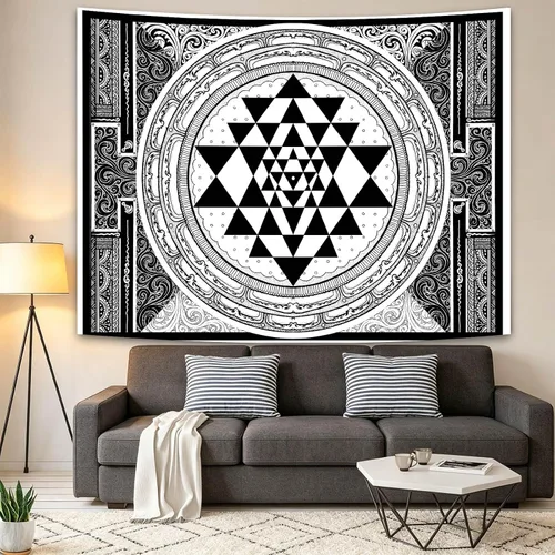 Vista 6 de SHRAPHY Tapiz Sri Yantra de 60 x 40 pulgadas, tapiz de meditación sentado, geometría sagrada, tapiz de arte blanco y negro para colgar en la pared